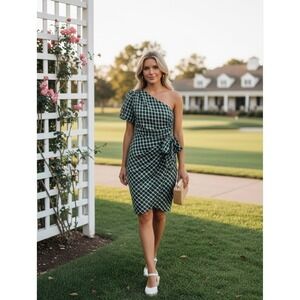 Tularosa One‎ Shoulder Mini Dress Women's Size M Green Plaid Wedding Guest